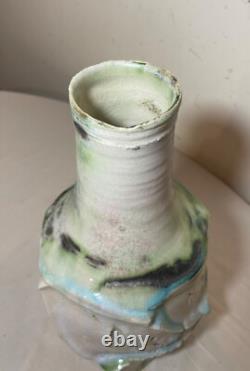 Vintage handmade studio green white Brutalist signed art pottery vase sculpture