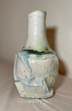 Vintage handmade studio green white Brutalist signed art pottery vase sculpture