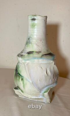 Vintage handmade studio green white Brutalist signed art pottery vase sculpture