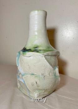 Vintage handmade studio green white Brutalist signed art pottery vase sculpture