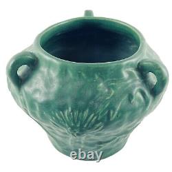 Vtg Arts & Crafts Era Cambridge Art Pottery Matte Green Three Handled Vase Pot