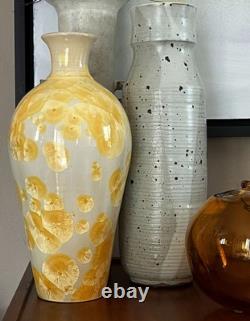 Vtg Arts & Crafts Mission Style Yellow Crystalline Porcelain Ceramic 12 Vase