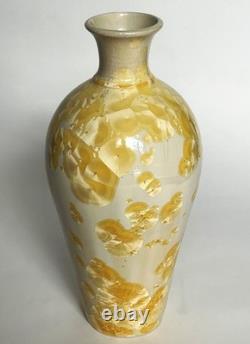 Vtg Arts & Crafts Mission Style Yellow Crystalline Porcelain Ceramic 12 Vase