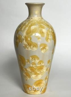 Vtg Arts & Crafts Mission Style Yellow Crystalline Porcelain Ceramic 12 Vase