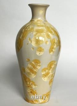Vtg Arts & Crafts Mission Style Yellow Crystalline Porcelain Ceramic 12 Vase
