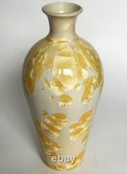 Vtg Arts & Crafts Mission Style Yellow Crystalline Porcelain Ceramic 12 Vase