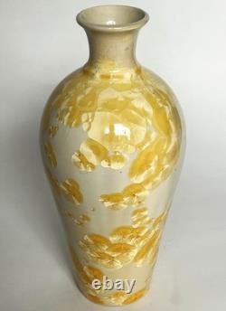Vtg Arts & Crafts Mission Style Yellow Crystalline Porcelain Ceramic 12 Vase