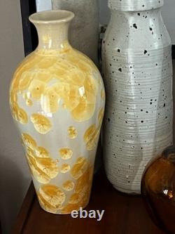 Vtg Arts & Crafts Mission Style Yellow Crystalline Porcelain Ceramic 12 Vase