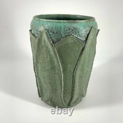 Vtg Arts and Crafts Matte Green Carved Leaves Leaf Art Pottery Vase