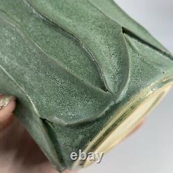 Vtg Arts and Crafts Matte Green Carved Leaves Leaf Art Pottery Vase