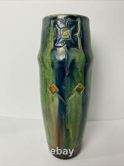 Vtg Belgium Flemish Blue Green Pottery Vase Flower Stem Arts Crafts Drip Glaze