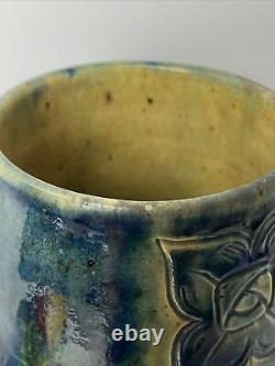 Vtg Belgium Flemish Blue Green Pottery Vase Flower Stem Arts Crafts Drip Glaze