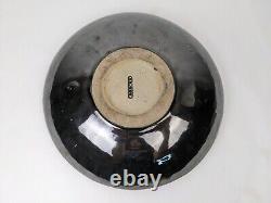 Vtg Fulper Pottery Arts Crafts Shallow Decor Bowl Mirror Black Metal Glaze 10.5