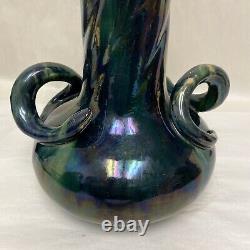 WANNOPEE POTTERY MAJOLICA GLAZED SNAKE HANDLED TALL VASE Arts & Crafts c1900 2ft