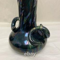 WANNOPEE POTTERY MAJOLICA GLAZED SNAKE HANDLED TALL VASE Arts & Crafts c1900 2ft