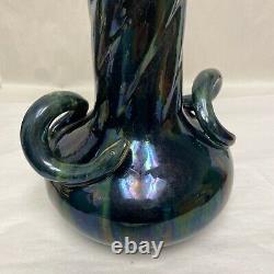 WANNOPEE POTTERY MAJOLICA GLAZED SNAKE HANDLED TALL VASE Arts & Crafts c1900 2ft