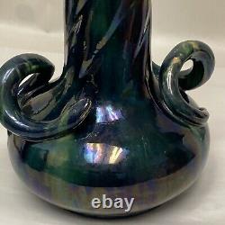 WANNOPEE POTTERY MAJOLICA GLAZED SNAKE HANDLED TALL VASE Arts & Crafts c1900 2ft