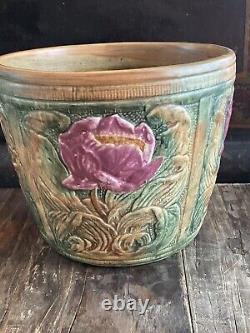 WELLER POTTERY JARDINIERE Panel With Red Arts Crafts Floral Pattern