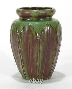 WJW Walley Pottery leaf decorated semi matte green brown vase arts & crafts