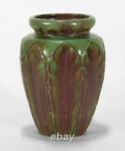 WJW Walley Pottery leaf decorated semi matte green brown vase arts & crafts