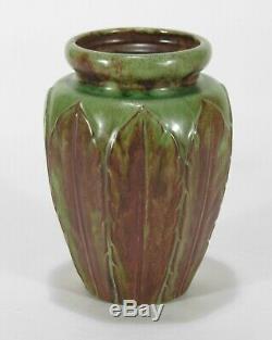 WJW Walley Pottery leaf decorated semi matte green brown vase arts & crafts