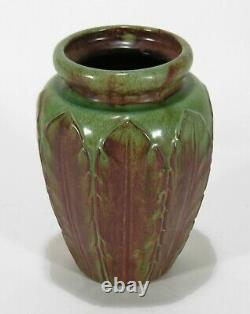 WJW Walley Pottery leaf decorated semi matte green brown vase arts & crafts