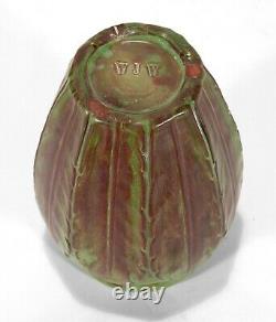 WJW Walley Pottery leaf decorated semi matte green brown vase arts & crafts