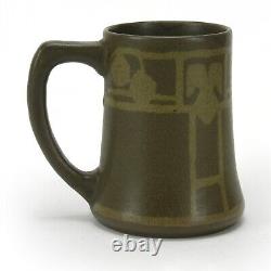 Walrath Pottery floral decorated tall mug Arts & Crafts matte green brown glaze