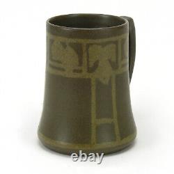 Walrath Pottery floral decorated tall mug Arts & Crafts matte green brown glaze