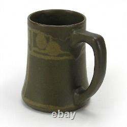 Walrath Pottery floral decorated tall mug Arts & Crafts matte green brown glaze