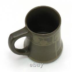 Walrath Pottery floral decorated tall mug Arts & Crafts matte green brown glaze