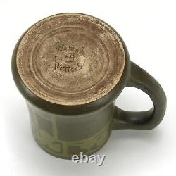 Walrath Pottery floral decorated tall mug Arts & Crafts matte green brown glaze