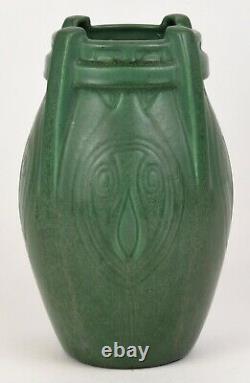 Weller 9.5 Tall Arts And Crafts Matt Green Vase With Incised Design