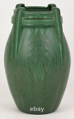 Weller 9.5 Tall Arts And Crafts Matt Green Vase With Incised Design