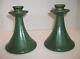 Weller Art Pottery Arts Crafts Era Matte Green Pair Candlesticks Vintage Scarce