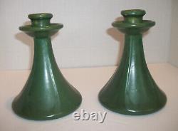 Weller Art Pottery Arts Crafts Era Matte Green Pair Candlesticks Vintage Scarce