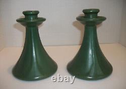 Weller Art Pottery Arts Crafts Era Matte Green Pair Candlesticks Vintage Scarce