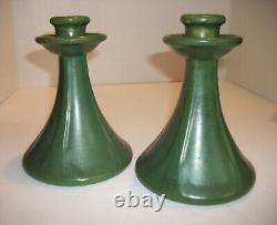 Weller Art Pottery Arts Crafts Era Matte Green Pair Candlesticks Vintage Scarce