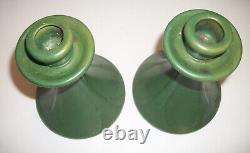 Weller Art Pottery Arts Crafts Era Matte Green Pair Candlesticks Vintage Scarce