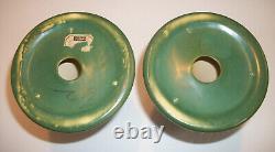 Weller Art Pottery Arts Crafts Era Matte Green Pair Candlesticks Vintage Scarce