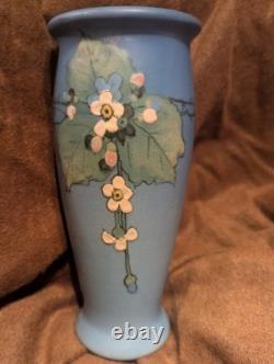 Weller Hudson 1920s Vintage Art Pottery Hand Painted Dogwood Blue Ceramic Vase