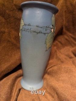 Weller Hudson 1920s Vintage Art Pottery Hand Painted Dogwood Blue Ceramic Vase