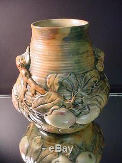 Weller Pottery 9 Ht Baldin Handled Vase with Apples & Branches Arts & Crafts 1915