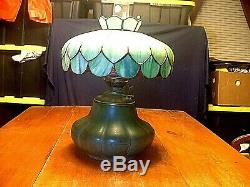 Wonderful Arts & Crafts Hampshire Pottery Table Lamp With Leaded Glass Shade