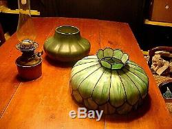 Wonderful Arts & Crafts Hampshire Pottery Table Lamp With Leaded Glass Shade
