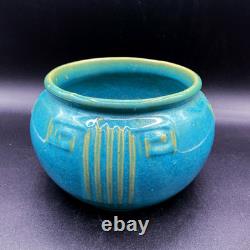 Zanesville Pottery Aqua #103 Greek Key Pot Glossy Glaze Arts & Crafts 1930s Blue