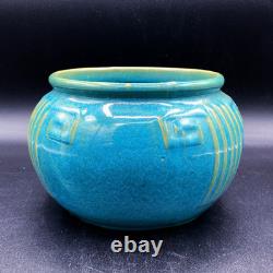 Zanesville Pottery Aqua #103 Greek Key Pot Glossy Glaze Arts & Crafts 1930s Blue