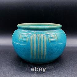 Zanesville Pottery Aqua #103 Greek Key Pot Glossy Glaze Arts & Crafts 1930s Blue