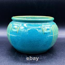 Zanesville Pottery Aqua #103 Greek Key Pot Glossy Glaze Arts & Crafts 1930s Blue