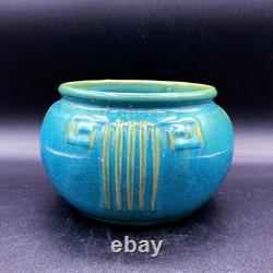 Zanesville Pottery Aqua #103 Greek Key Pot Glossy Glaze Arts & Crafts 1930s Blue